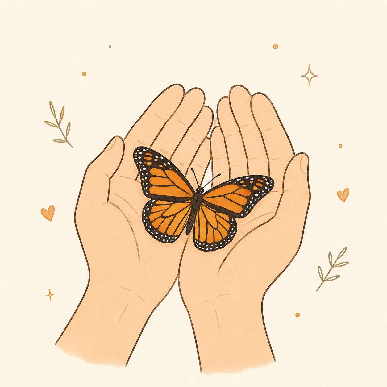 Manos cuidando una mariposa monarca